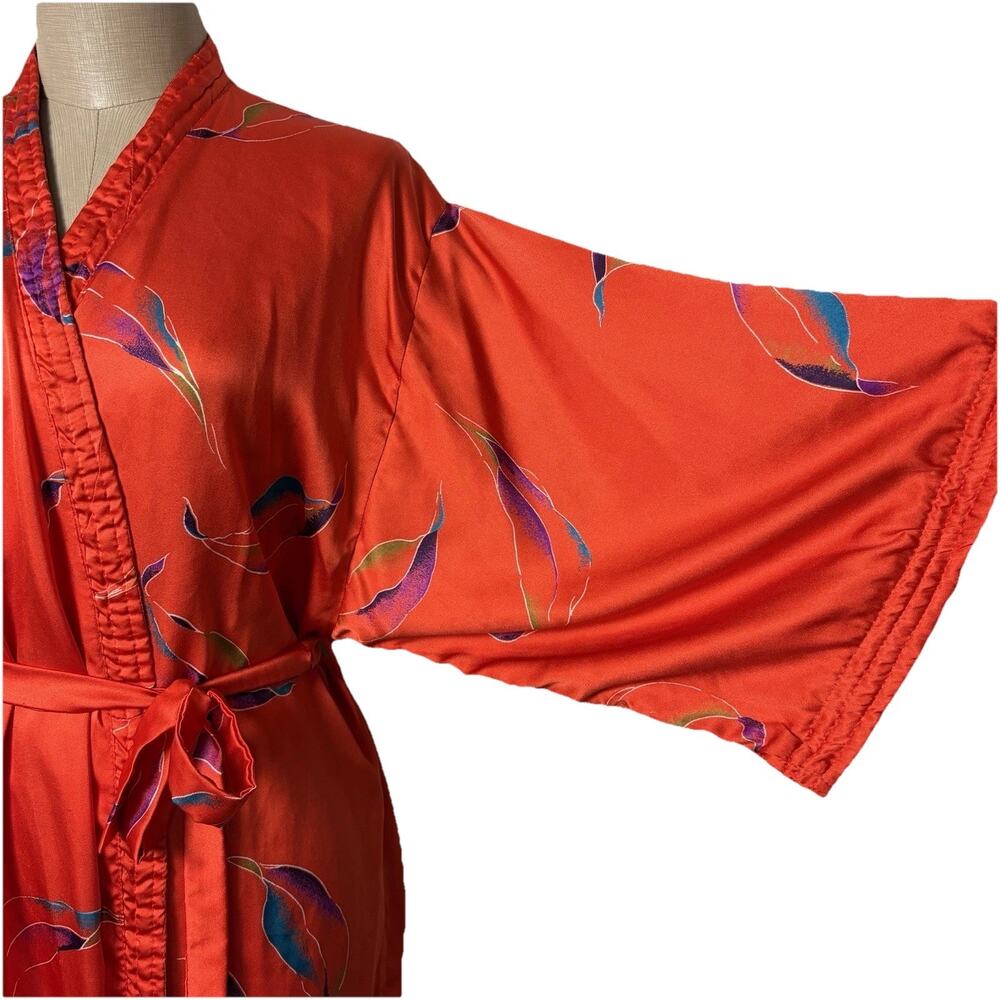 Vintage California Dynasty Style Kimono Robe Belt Red Botanical Satin Size Large - Picture 4 of 14